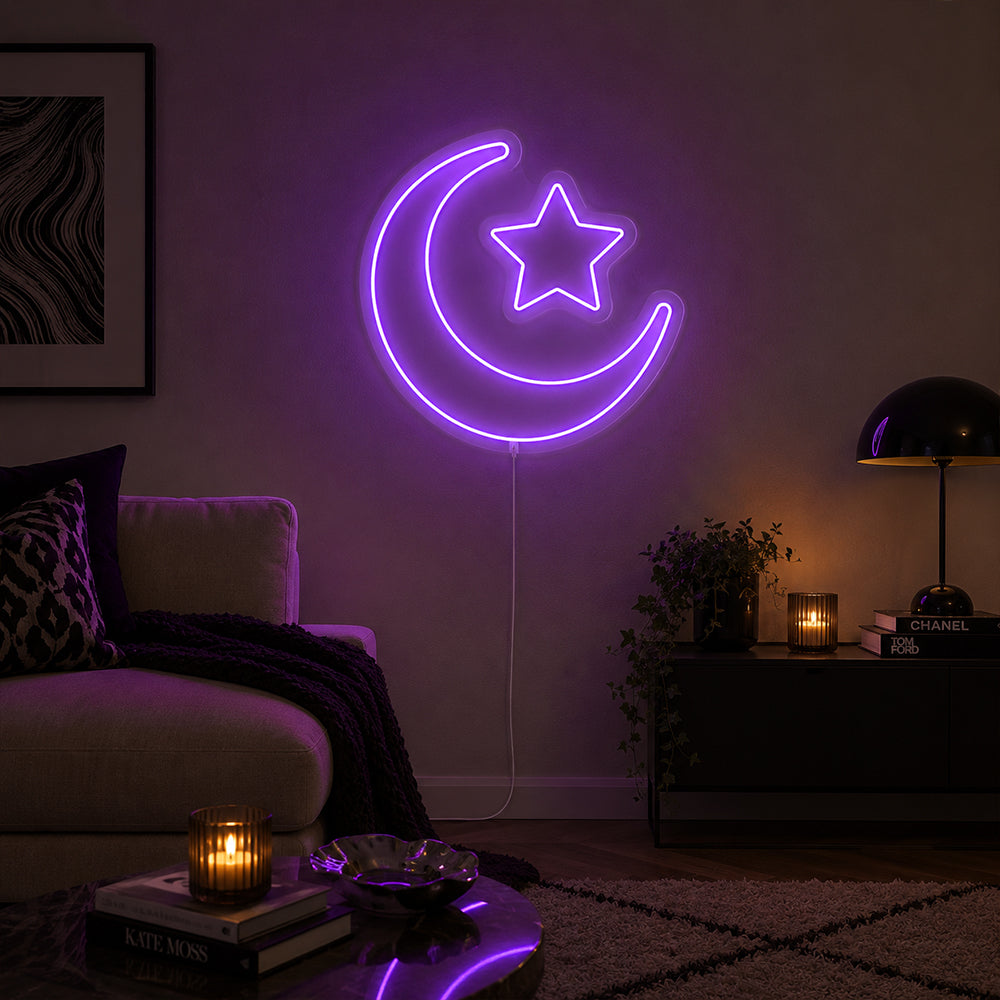 Crescent Moon and Star LED Neon Sign - Planet Neon Made in London Neon Signs